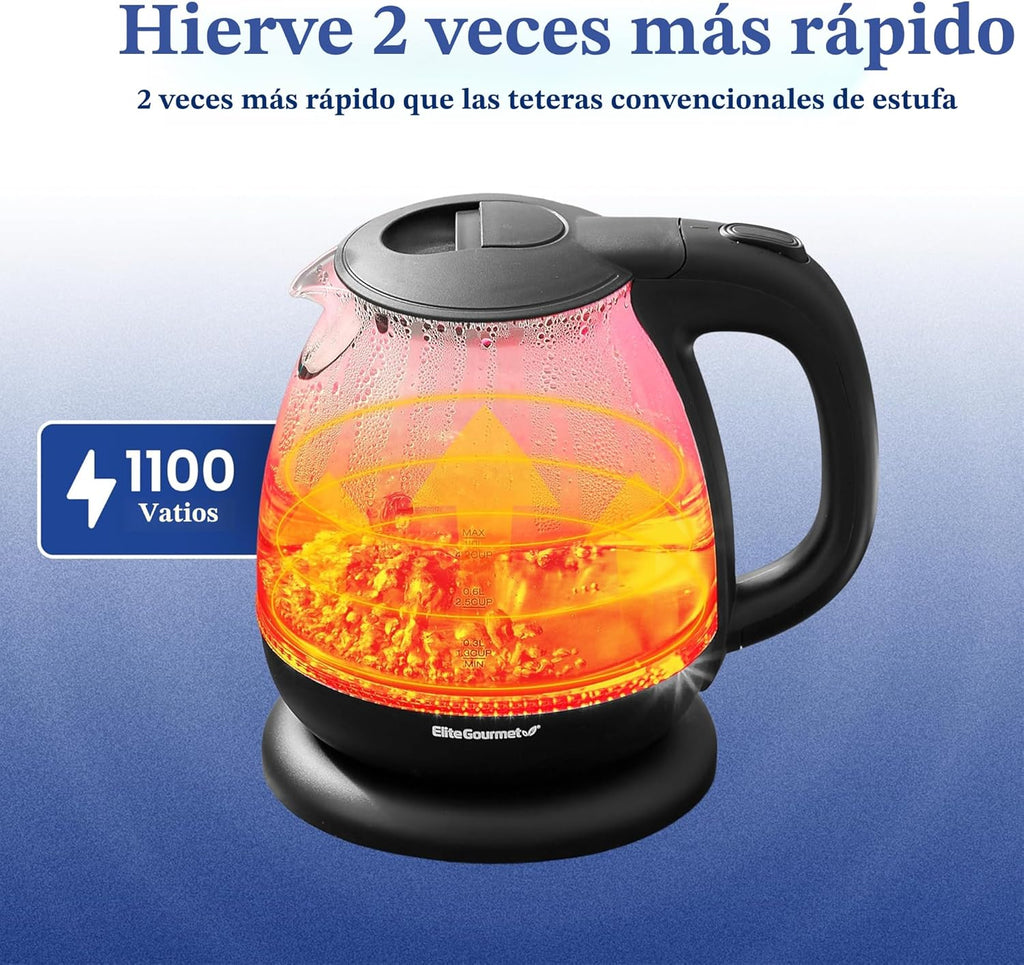 Pava eléctrica de Elite Gourmet EKT1001, de 1,0 L, sin BPA, de 1100 W, de cristal, inalámbrica, base de 360°, elegante interior con luz LED azul, práctica función