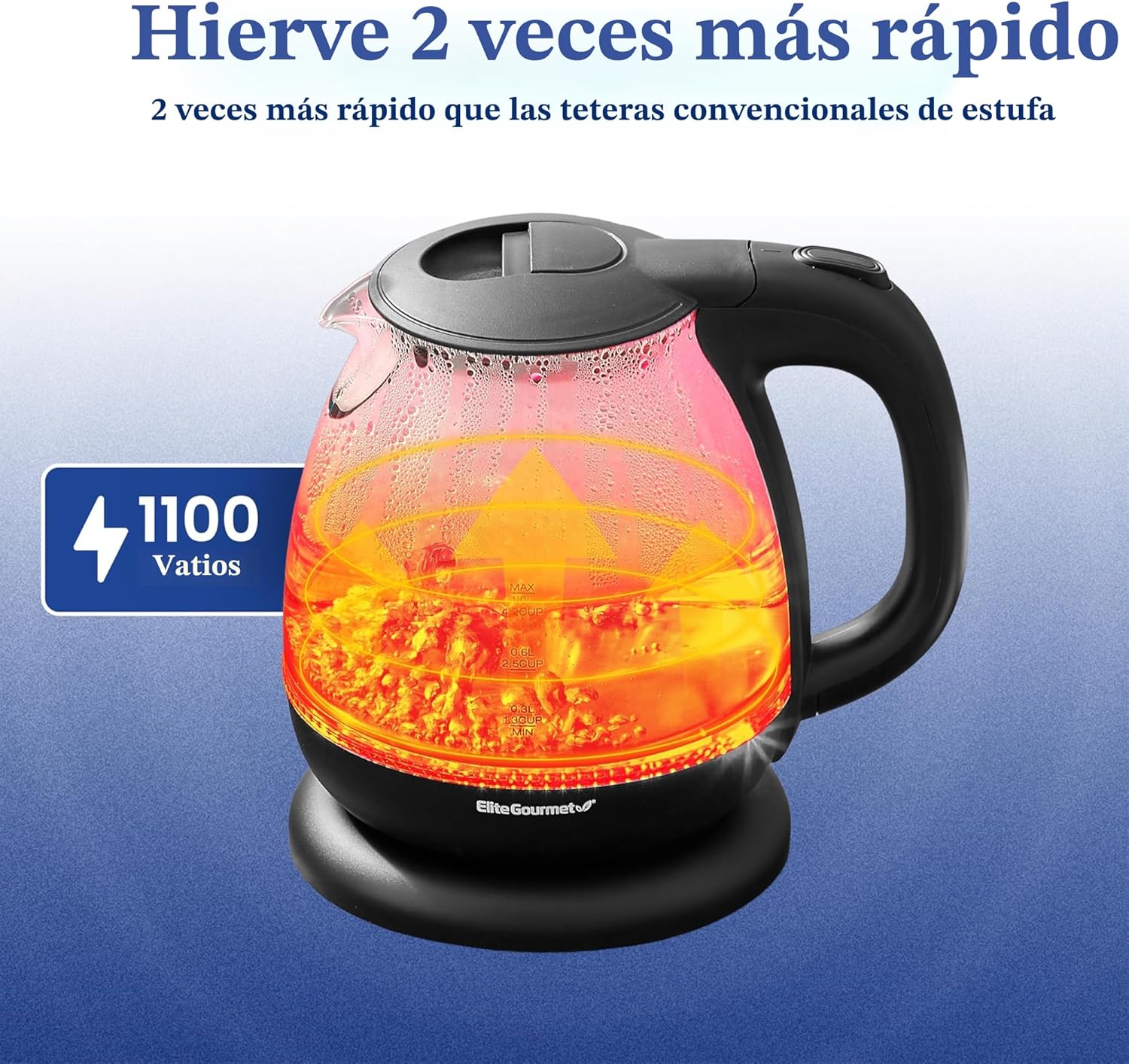 Pava eléctrica de Elite Gourmet EKT1001, de 1,0 L, sin BPA, de 1100 W, de cristal, inalámbrica, base de 360°, elegante interior con luz LED azul, práctica función
