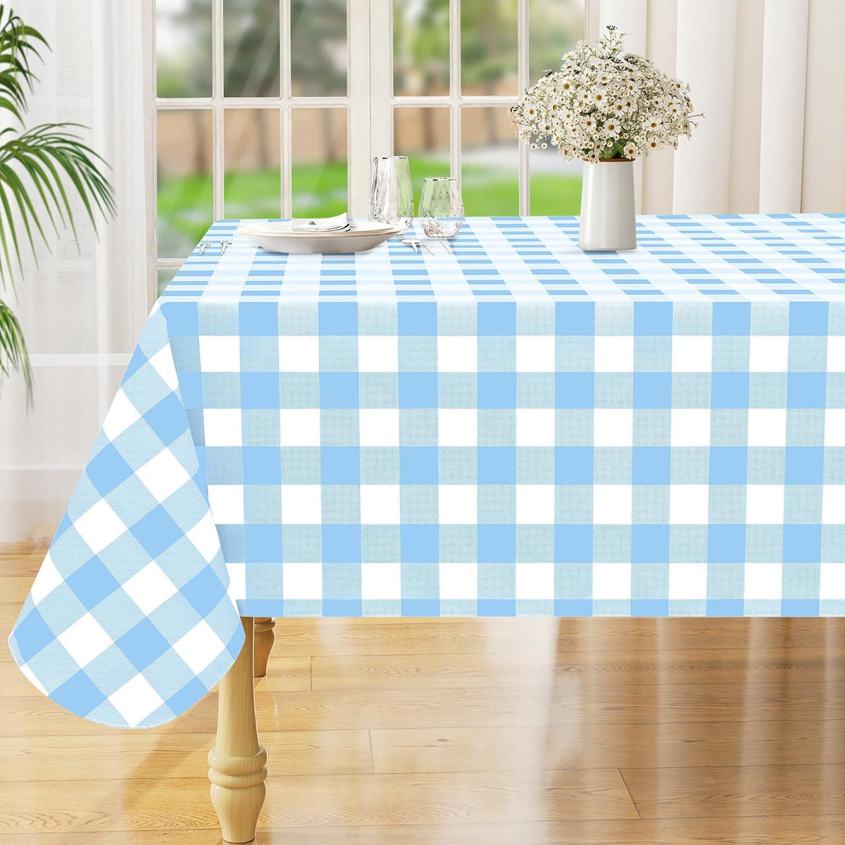 misaya Mantel de Vinilo Rectangular Impermeable | Respaldo de Franela, Limpiable | Para Comedor, Cocina y Exterior, 152x213cm Azul Bebe y Blanco