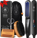 Plancha de barba y cabello para hombre con cepillo de cerdas naturales de jabalí, peine de madera de peral, tijeras para bigote y neceser. Set profesional para el cuidado de la barba. Regalos de moda y cuidado personal para hombre. 