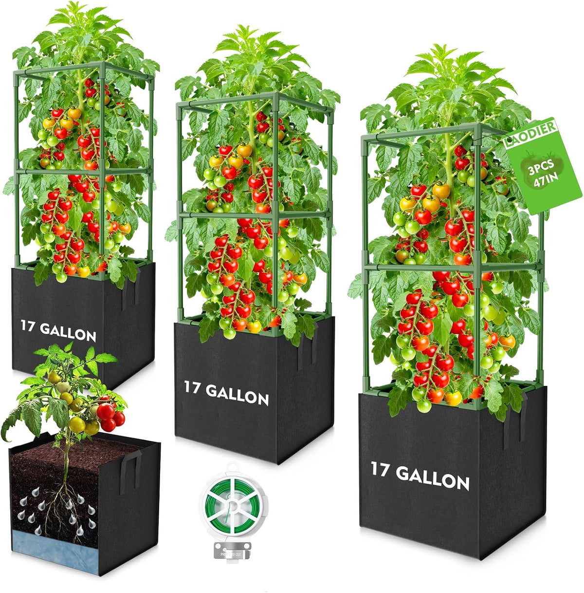 USADO (VER NUMERO DE VARILLAS) Laodier Set de 3 Jaulas para Tomates con Bolsas de Cultivo de 17 Galones | Cuadradas de 47 pulgadas, Servicio Pesado | Soporte para Vegetales y Flores Trepadoras