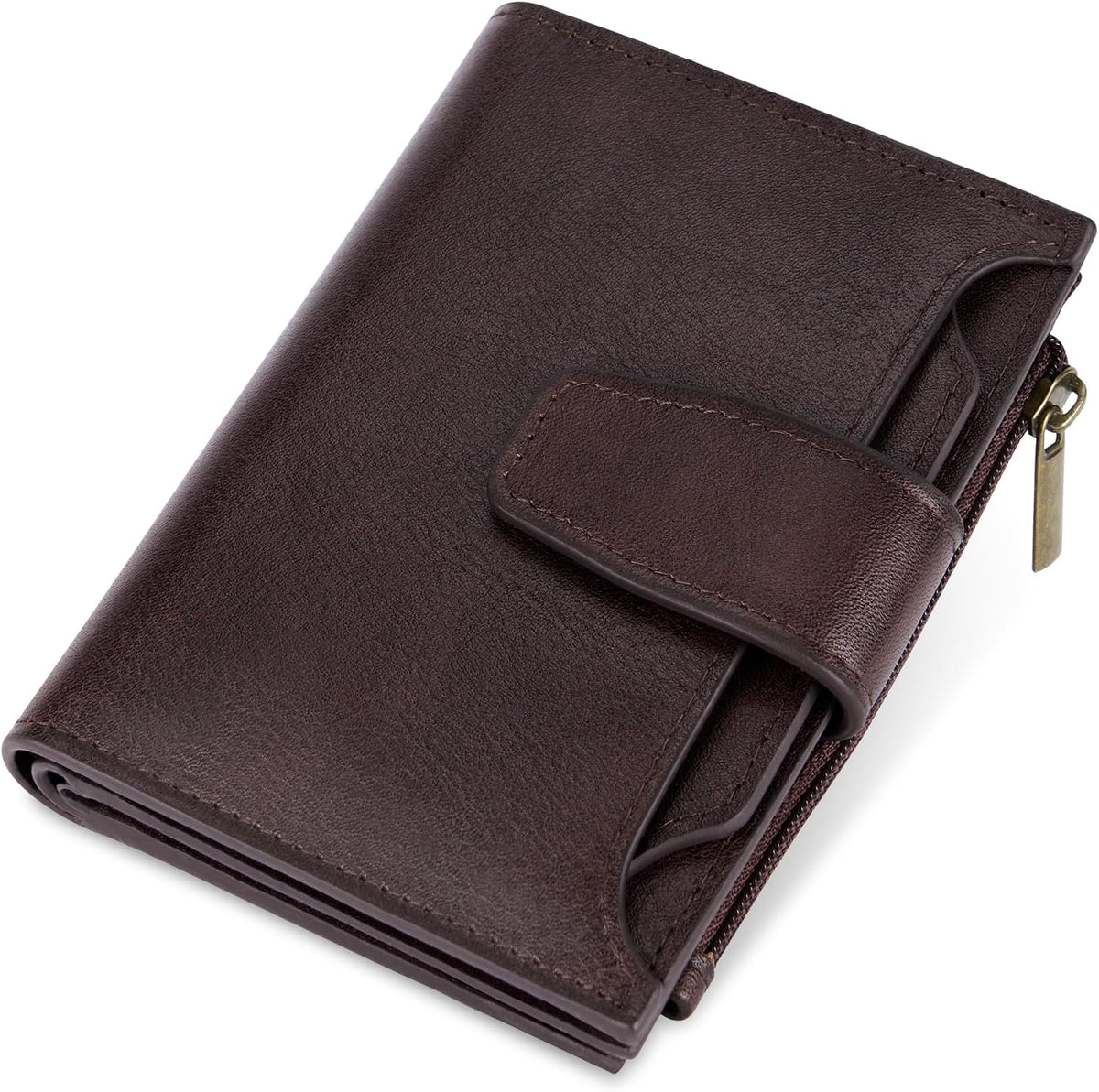 Cartera pequeña Airkit para mujer, con bloqueo RFID, de piel auténtica, plegable, compacta, con tarjetero, bolsillo con cremallera para monedas y ventana para 4 tarjetas de identificación.