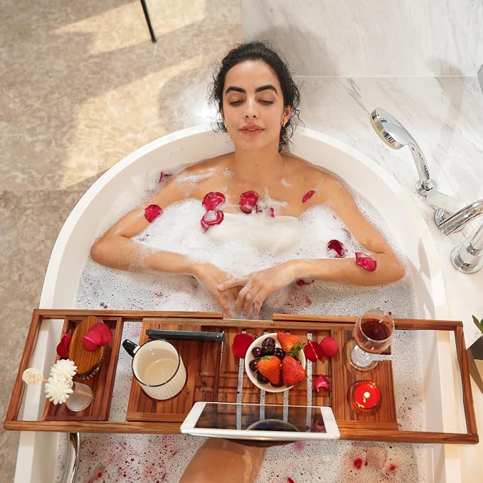 Bandeja de Bañera de Madera Teca Premium — Extensible, Accesorios de Baño de Lujo, Regalo Ideal