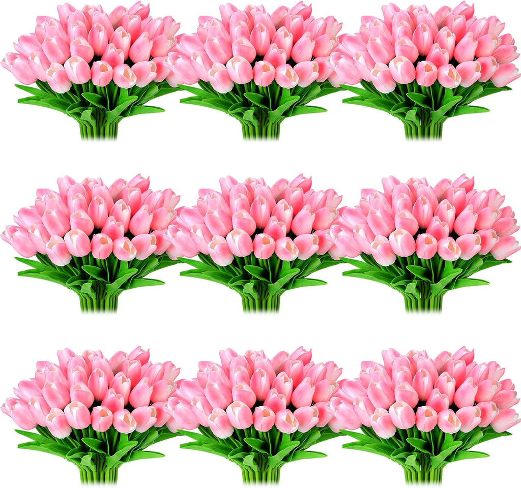 Jexine 100 tulipanes artificiales reales, ramo de flores artificiales a granel con tallo para centros de mesa, bodas, novia, Pascua, día de la madre, jardín, decoración del hogar, 13.4 pulgadas (rosa)
