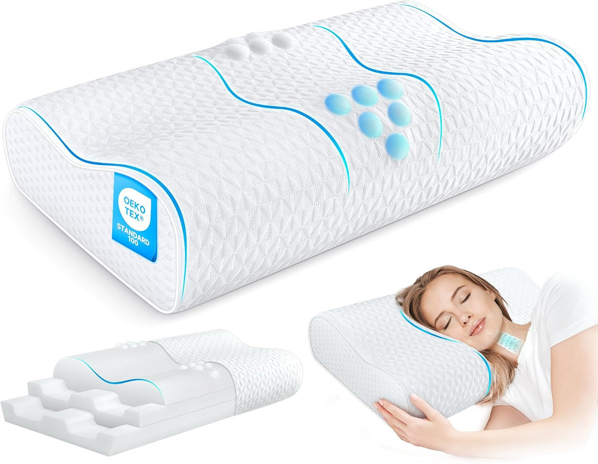 Almohada cervical Zibroges para aliviar el dolor - Almohada refrescante ajustable tamaño Queen para dormir, almohadas de espuma viscoelástica para cuello y hombros, almohada ergonómica contorneada para quienes duermen de lado, boca abajo o boca arriba.