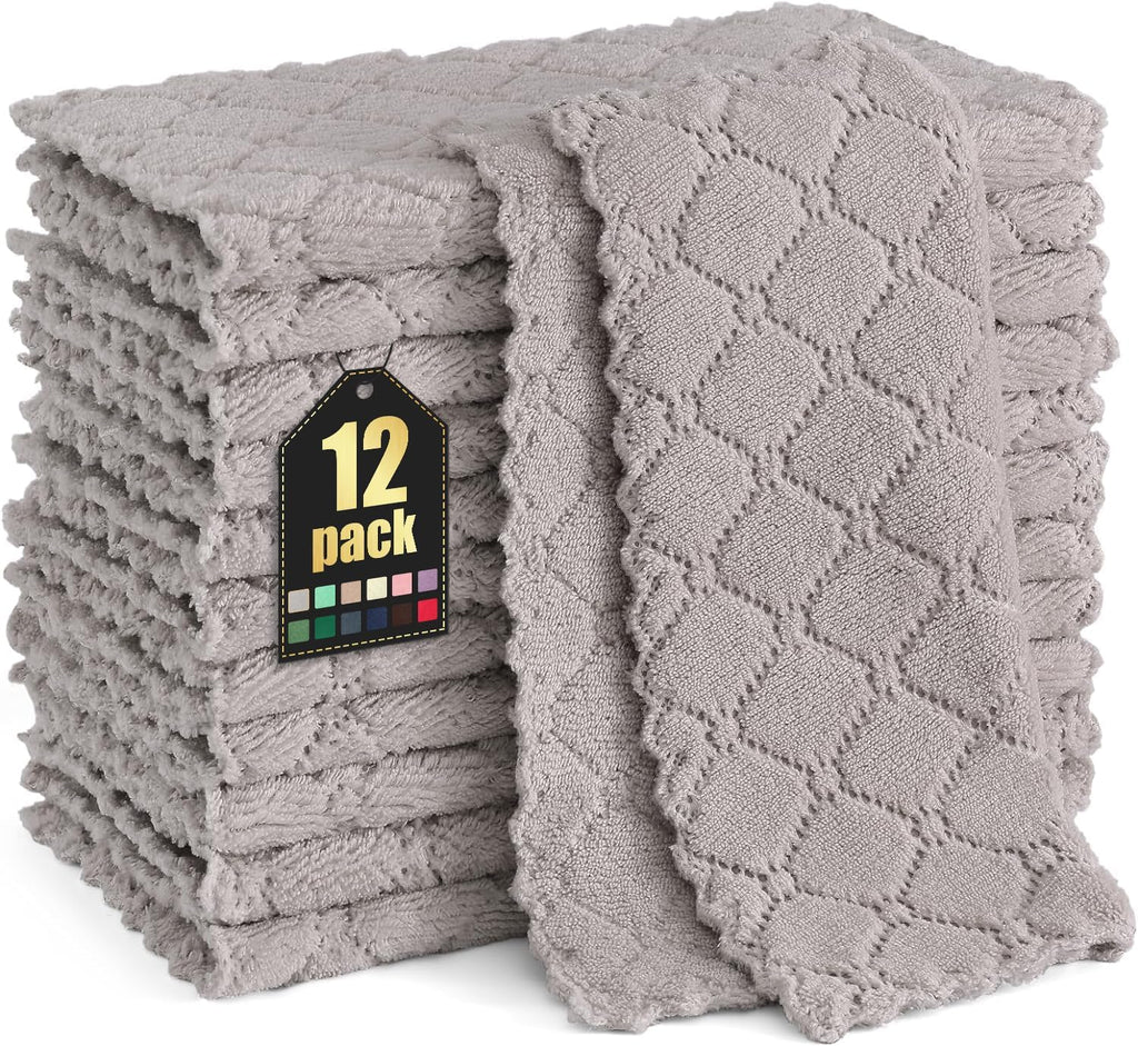 Paquete de 12 paños de cocina Homaxy (25 x 25 cm, gris), paños de cocina de terciopelo coral supersuaves y absorbentes, paños de limpieza de microfibra antiadherentes de secado rápido, paños de cocina domésticos sin pelusa.