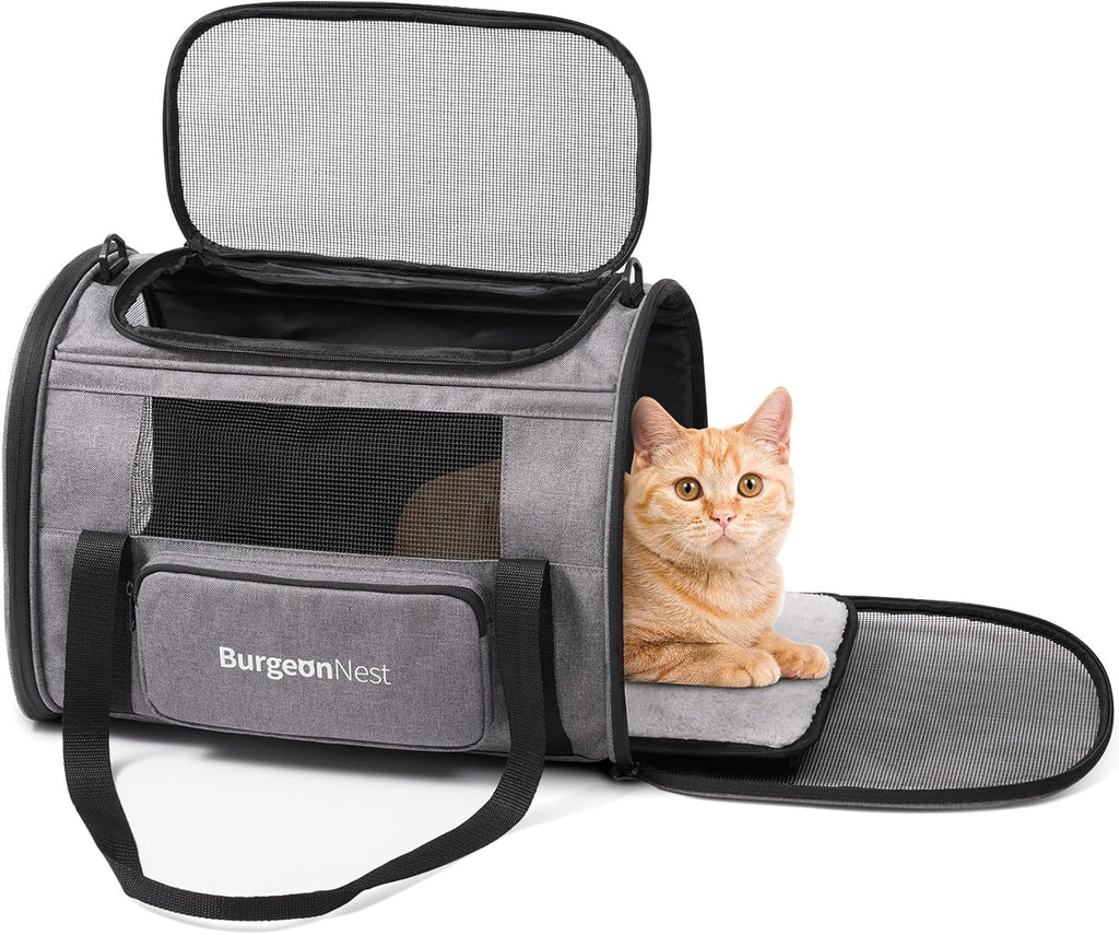 Transportín BurgeonNest para gatos pequeños de menos de 15 libras, cachorros medianos de menos de 25 libras y mascotas grandes de hasta 20 libras. Transportín blando con bolsa lateral única (mediano, gris).