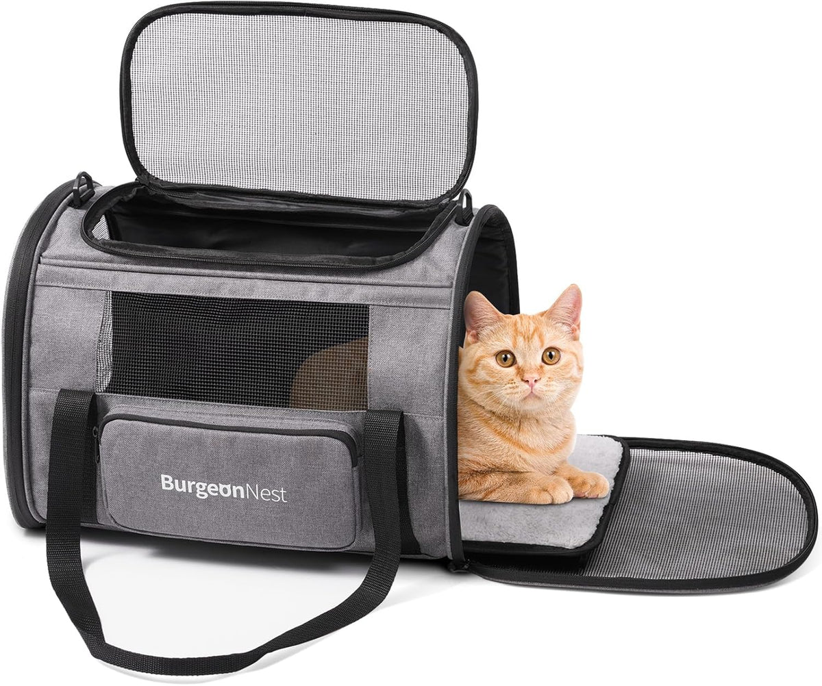 Transportín BurgeonNest para gatos pequeños de menos de 15 libras, cachorros medianos de menos de 25 libras y mascotas grandes de hasta 20 libras. Transportín blando con bolsa lateral única (mediano, gris).
