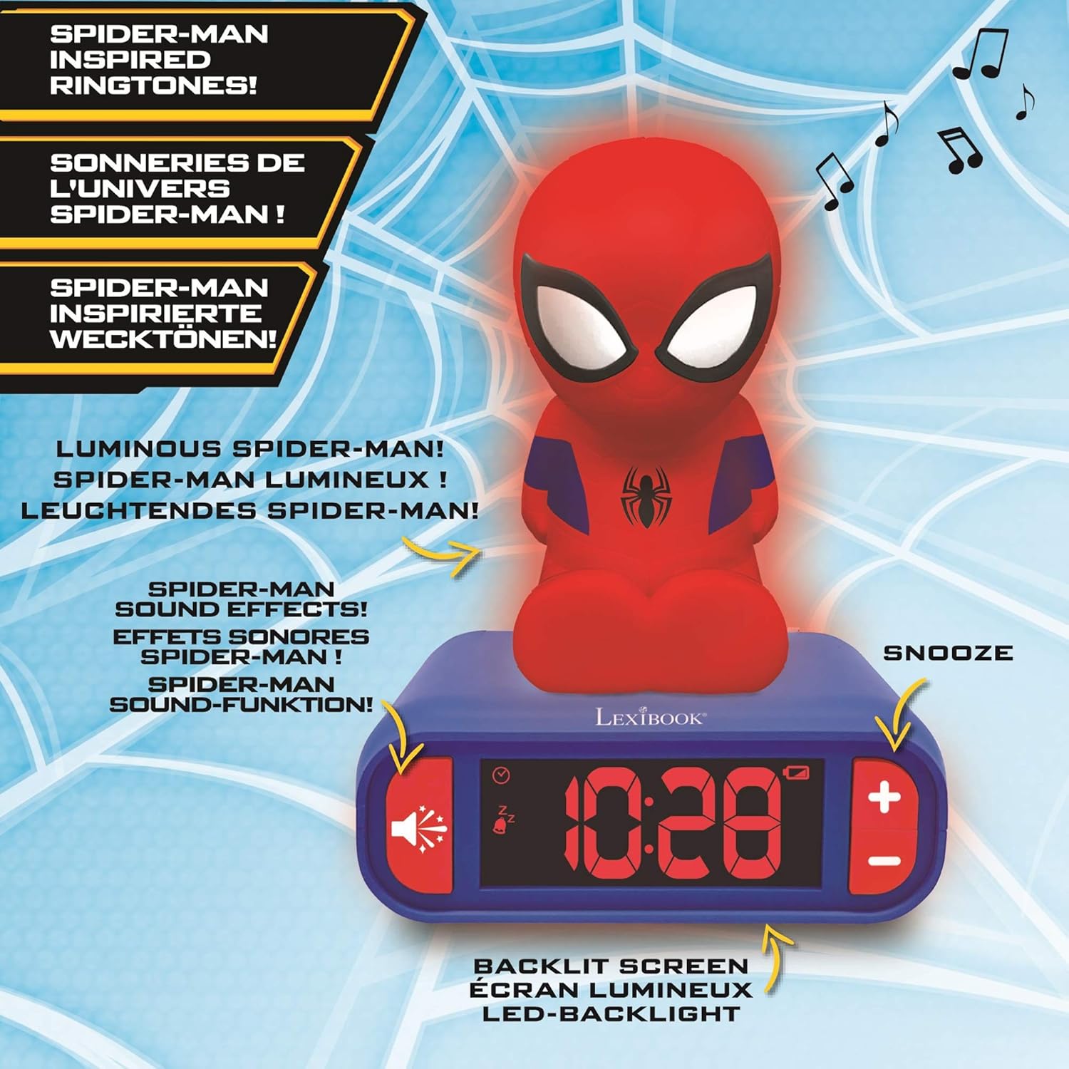 LEXiBOOK Reloj Despertador Digital Spider-Man | Luz Nocturna, Snooze y Efectos de Sonido Marvel | Niños | Azul
