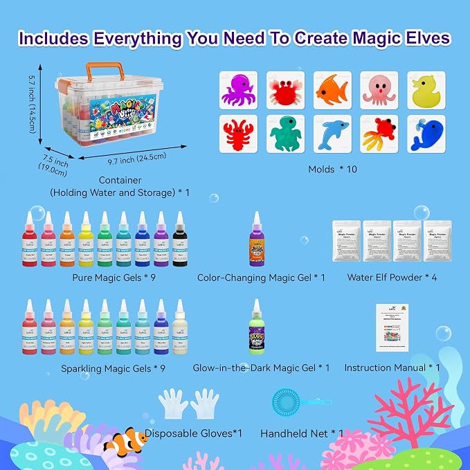 juguete mágico de elfo de agua – Squishies para niños, 20 geles y 10 moldes, juguete sensorial de mascotas de agua de gel mágico, divertido kit de manualidades DIY, recuerdos de fiesta