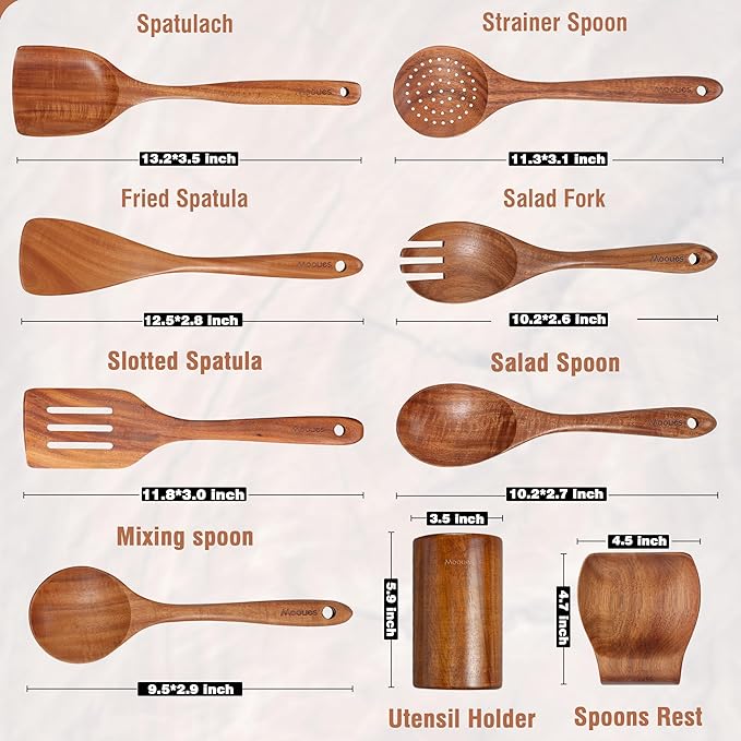 Set 9 Utensilios de Cocina Mooues de Madera de Teca Natural — Con Soporte para Cuchara, Agarre Cómodo