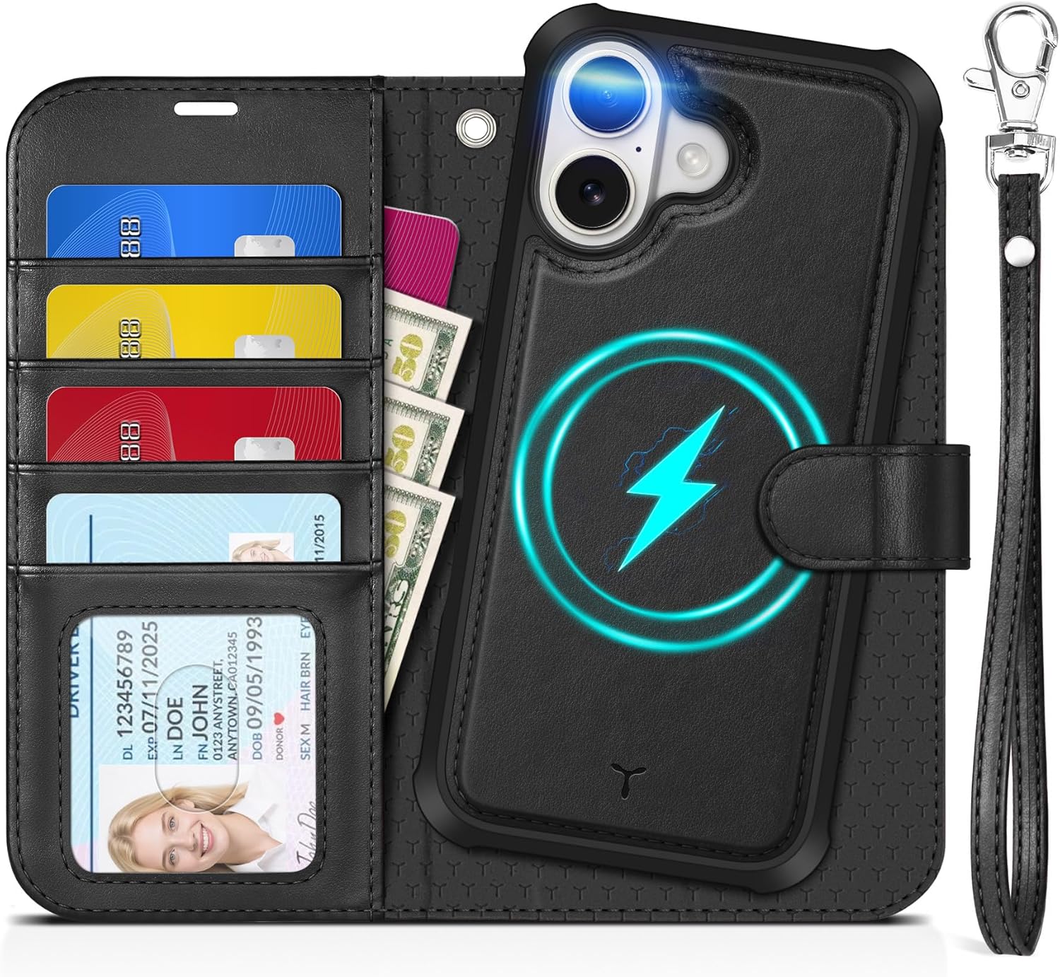 Funda tipo cartera desmontable TUCCH 2 en 1 para iPhone 17 (6,3 pulgadas) 2025, carga inalámbrica | Bloqueo RFID | 4 tarjeteros | Correa para la muñeca | Soporte | Magnética | Cuero sintético | Funda protectora con tapa | Negra 