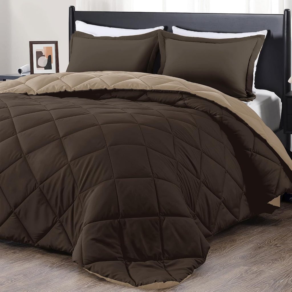 Juego de Edredón Downluxe California King - Edredón Marrón y Bronceado California King, Ropa de Cama Suave para Todas las Estaciones - 3 Piezas - 1 Edredón (264cm x 244cm) y 2 Fundas de Almohada (51cm x 91cm)