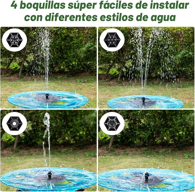 Mademax Fuente solar mejorada con 4 boquillas y fijadores fáciles de instalar, bomba de fuente alimentada por energía solar para baño de pájaros, jardín, estanque, piscina, pecera, al aire libre