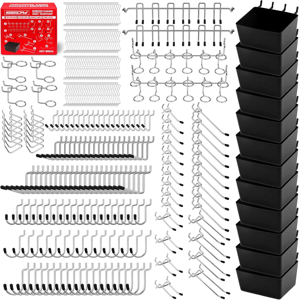 Set de 300 Ganchos para Panel Perforado (Pegboard) | Accesorios Organizadores para Colgar | Ganchos Metalicos Duraderos para Herramientas, Garaje y Taller