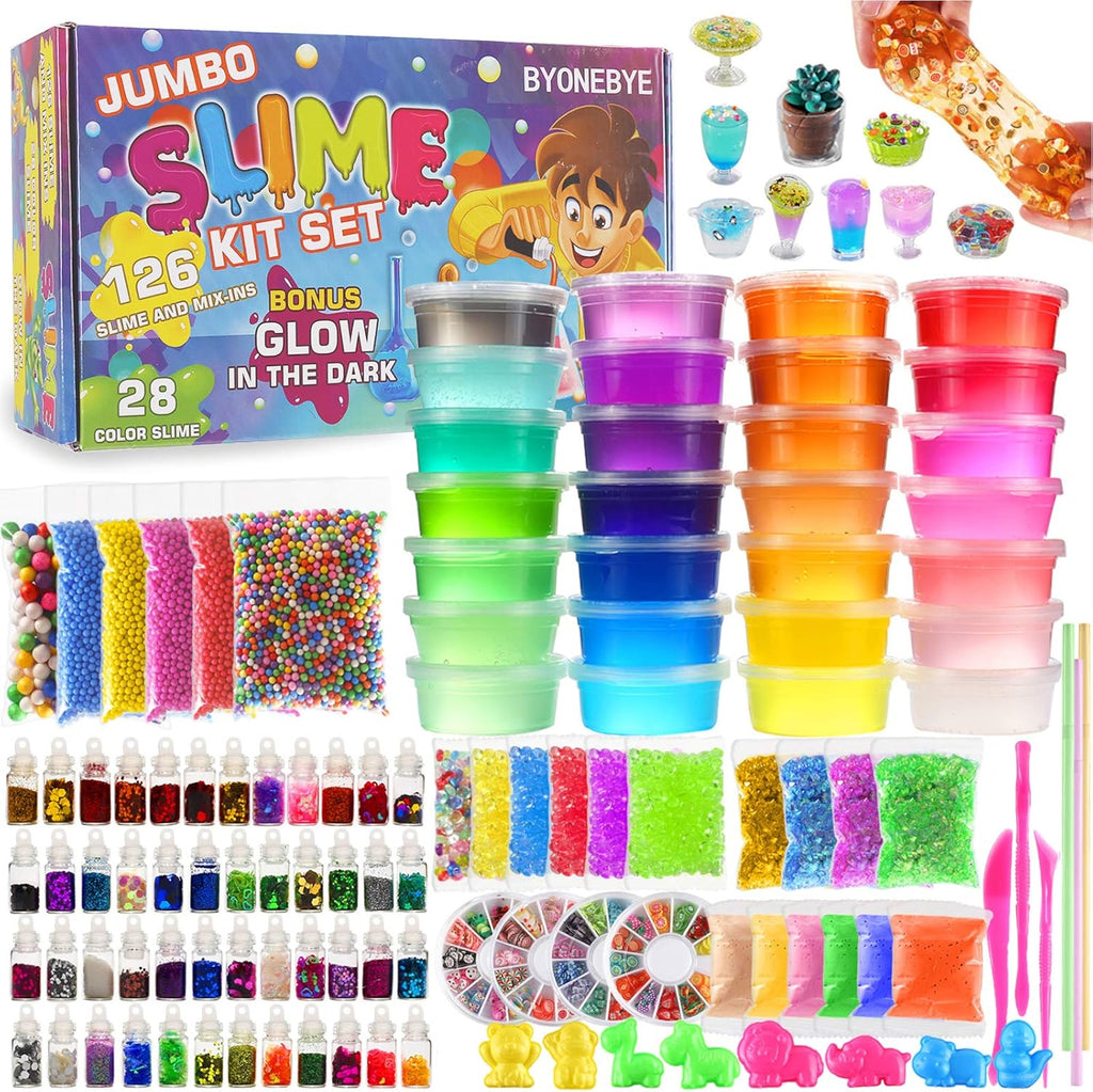 Kit Jumbo de Slime DIY 126 Piezas – 28 Slimes de Colores, Brilla en la Oscuridad, Para Niños 5+ Años