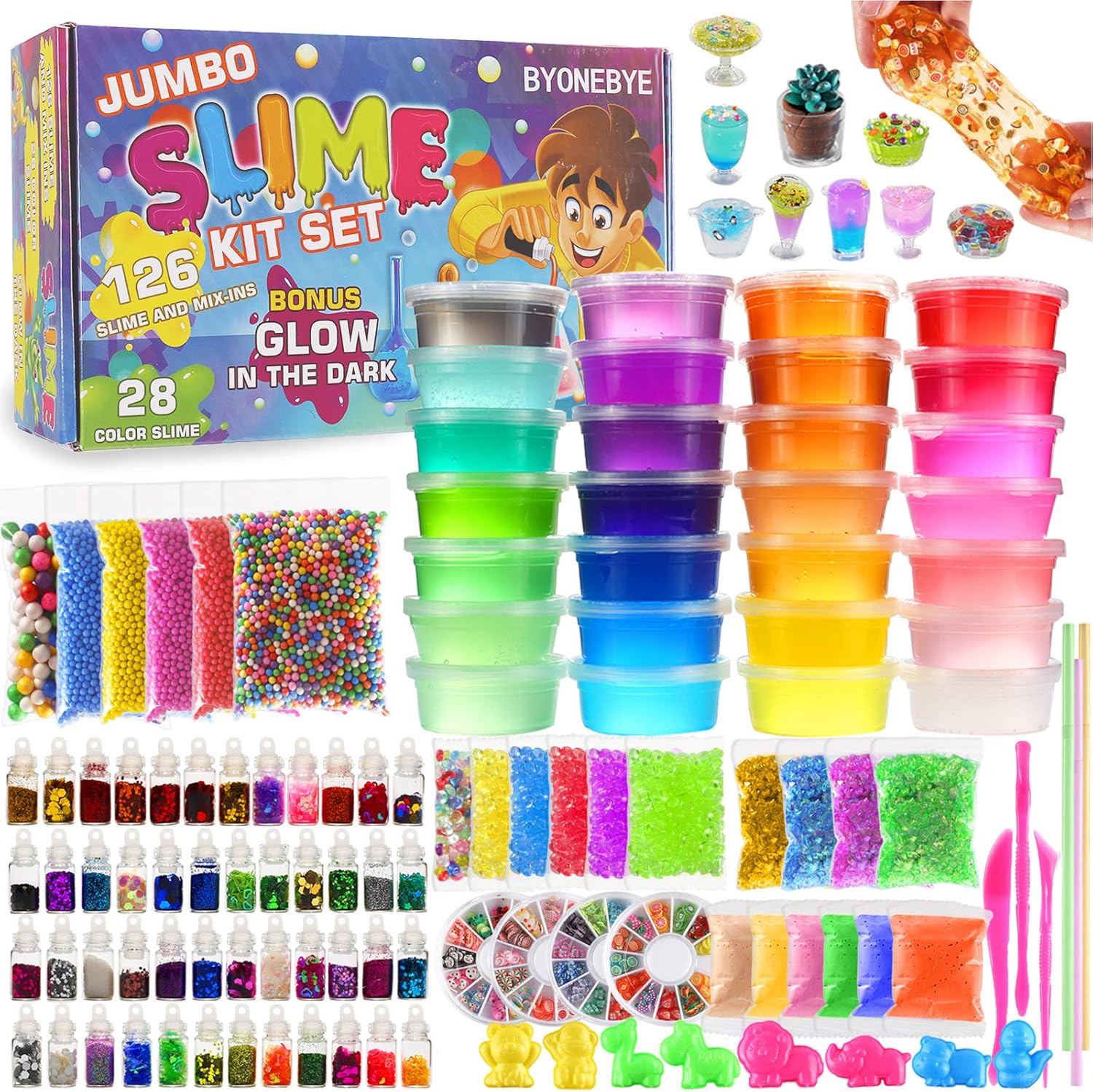 Kit Jumbo de Slime DIY 126 Piezas – 28 Slimes de Colores, Brilla en la Oscuridad, Para Niños 5+ Años