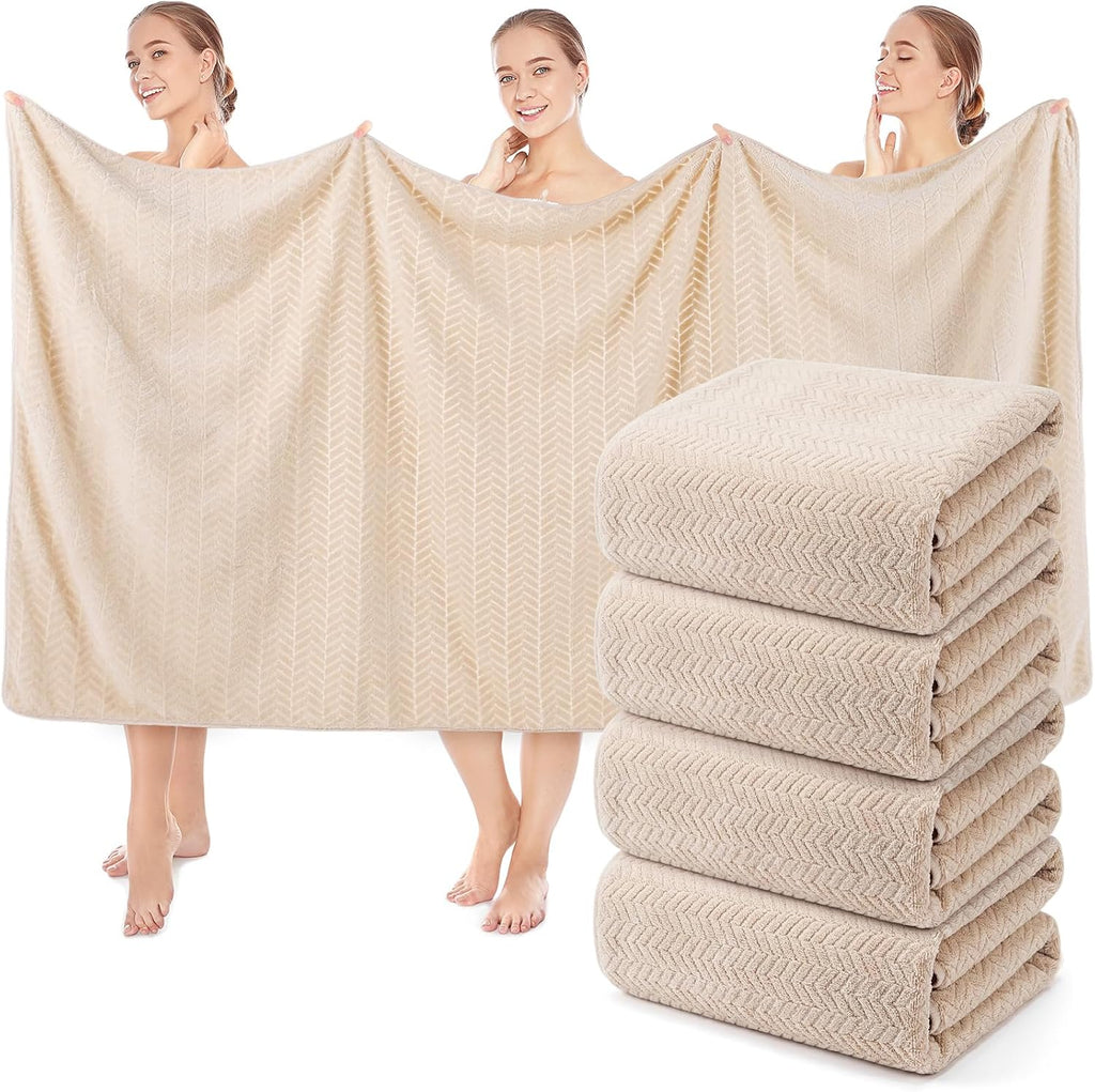 SmoothNovelty Juego 4 Toallas Baño 102 x 203 cm Extragrandes Rápido Secado Forro Coral Absorbentes Suave Ligeras Toallas Ducha XL para Hogar Gimnasio Viaje Playa Spa Piscina Hotel (Beige)