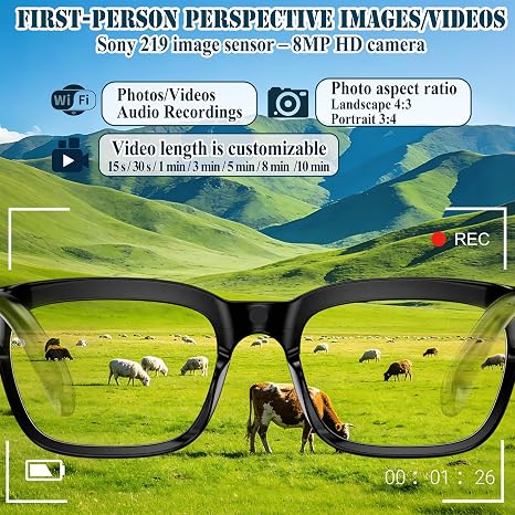 Lentes inteligentes con cámara AI de 8 MP HD, patillas de resorte que mejoran la comodidad para viajes, conferencias y vlogging. Traducción, control de voz y reconocimiento de objetos.AIMB-G2