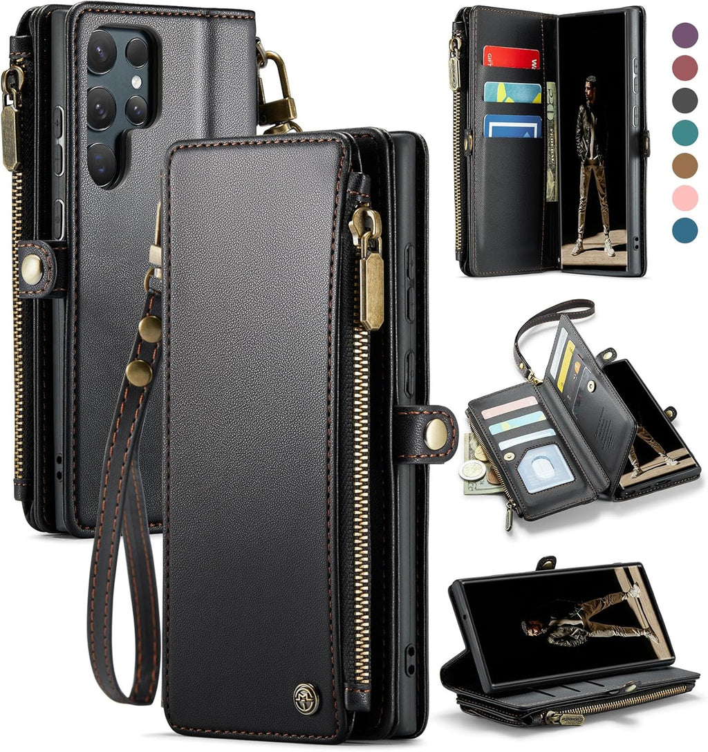 Defencase Compatible with Samsung Galaxy S22 Ultra Case Wallet with RFID Blocking Card Holder for Women Men, PU Leather Magnetic Snap Flip Zipper Strap Phone Case Fit for Galaxy S22 Ultra 5G, Black