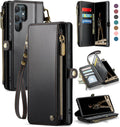 Defencase Compatible with Samsung Galaxy S22 Ultra Case Wallet with RFID Blocking Card Holder for Women Men, PU Leather Magnetic Snap Flip Zipper Strap Phone Case Fit for Galaxy S22 Ultra 5G, Black