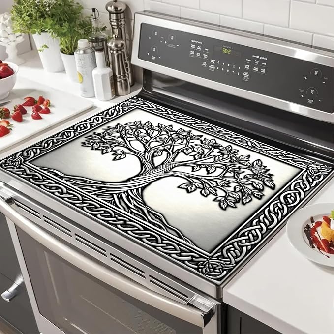 HOMETITUTE Tree of Life - Cubierta superior para estufa eléctrica, tapete de secado de platos con diseño celta plateado en relieve, 28 x 20 pulgadas, protector decorativo de cocina