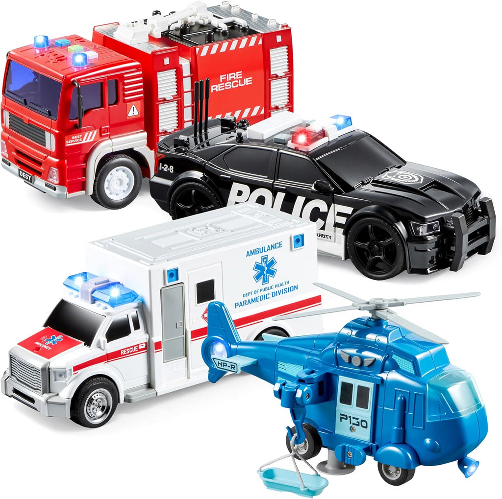 JOYIN Packs de 4 vehículos de emergencia de juguete, vehículos de fricción con luz y sonido, que incluyen camión de bomberos, ambulancia, coche de policía de juguete y helicóptero, regalo para niños pequeños.