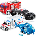 JOYIN Packs de 4 vehículos de emergencia de juguete, vehículos de fricción con luz y sonido, que incluyen camión de bomberos, ambulancia, coche de policía de juguete y helicóptero, regalo para niños pequeños.