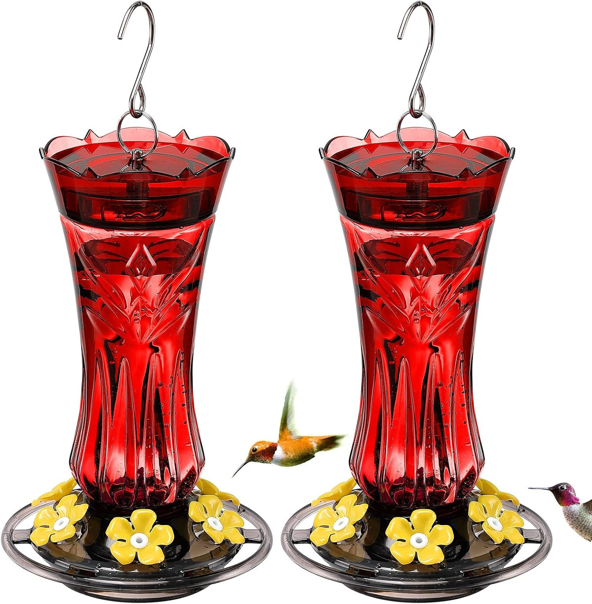Comedero para colibríes Jealoeur para exteriores, colgante, de 532 ml (18 oz), con 6 orificios de alimentación con protección contra abejas y foso antihormigas incorporado, fácil de limpiar, decoración duradera para jardín (rojo, paquete de 2).