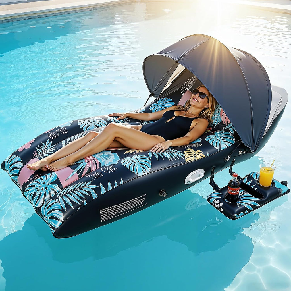 Tumbona flotante inflable Deyhoc con toldo UPF50+ ajustable, silla flotante grande de diseño ergonómico, con portavasos, perfecta para piscina, playa, lago y fiestas - Azul oscuro