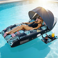 Tumbona flotante inflable Deyhoc con toldo UPF50+ ajustable, silla flotante grande de diseño ergonómico, con portavasos, perfecta para piscina, playa, lago y fiestas - Azul oscuro