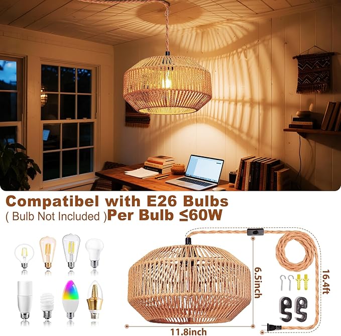 Maliralt Lámpara Colgante Rattan | Cable 5m | Enchufe con Interruptor | Pantalla Calabaza