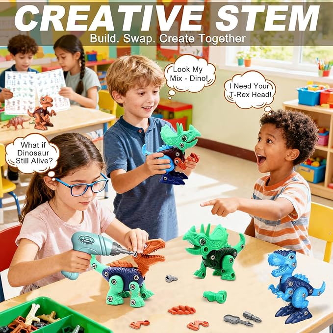 Laradola Juguetes de dinosaurio para niños de 3, 4, 5, 6, 7, 8 años, juguetes de dinosaurio desarmables para niños de 3 a 5 y de 5 a 7 años, juguetes de construcción STEM, con taladro eléctrico