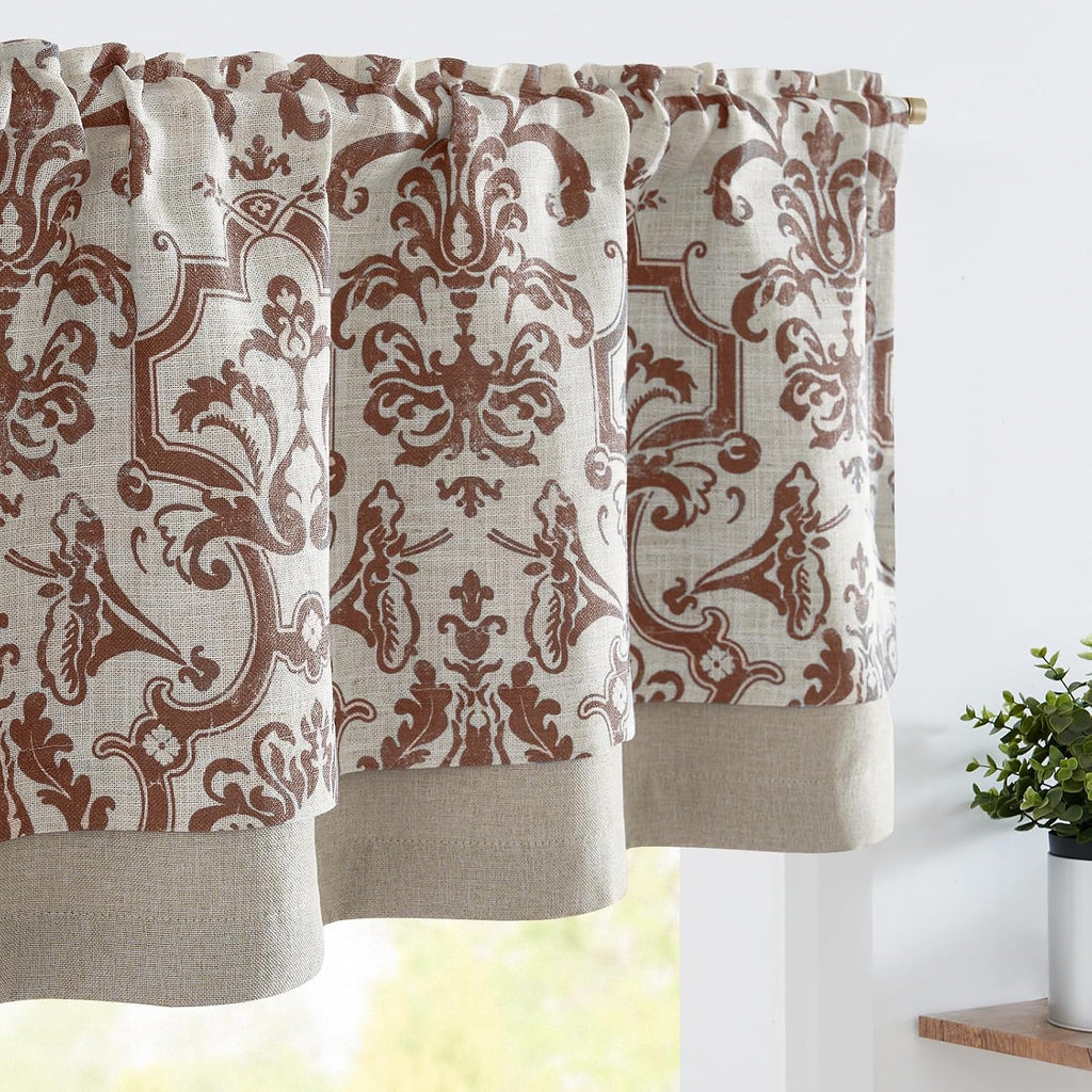Jinchan Cenefa de Lino Opaca Vintage – Estampado Floral Damasco, Doble Capa, Terracota sobre Beige, 45 cm, 1 Panel
