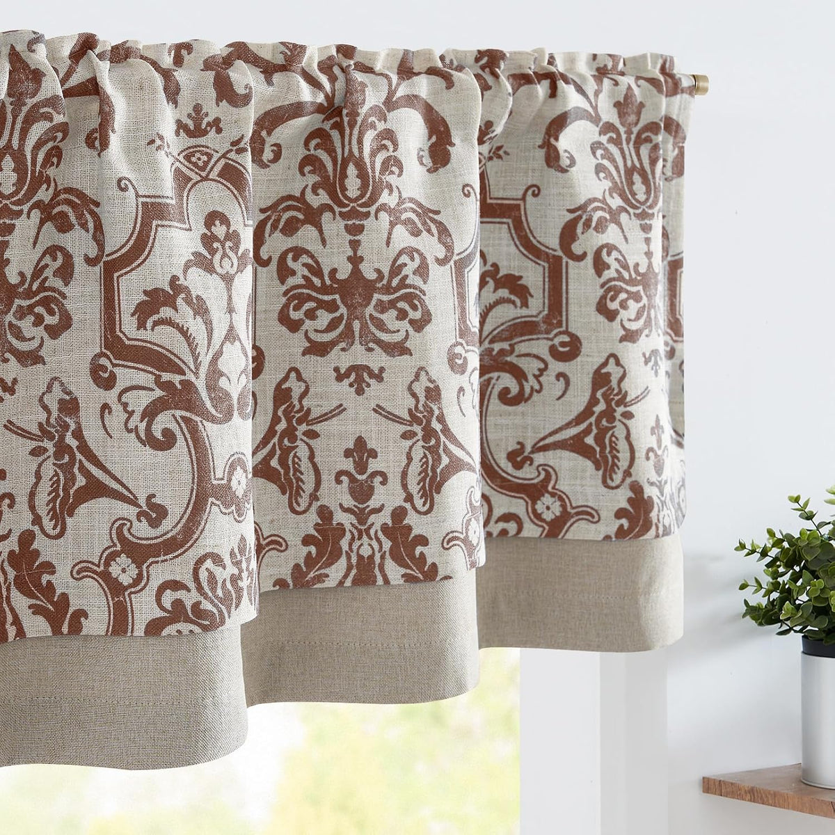 Jinchan Cenefa de Lino Opaca Vintage – Estampado Floral Damasco, Doble Capa, Terracota sobre Beige, 45 cm, 1 Panel