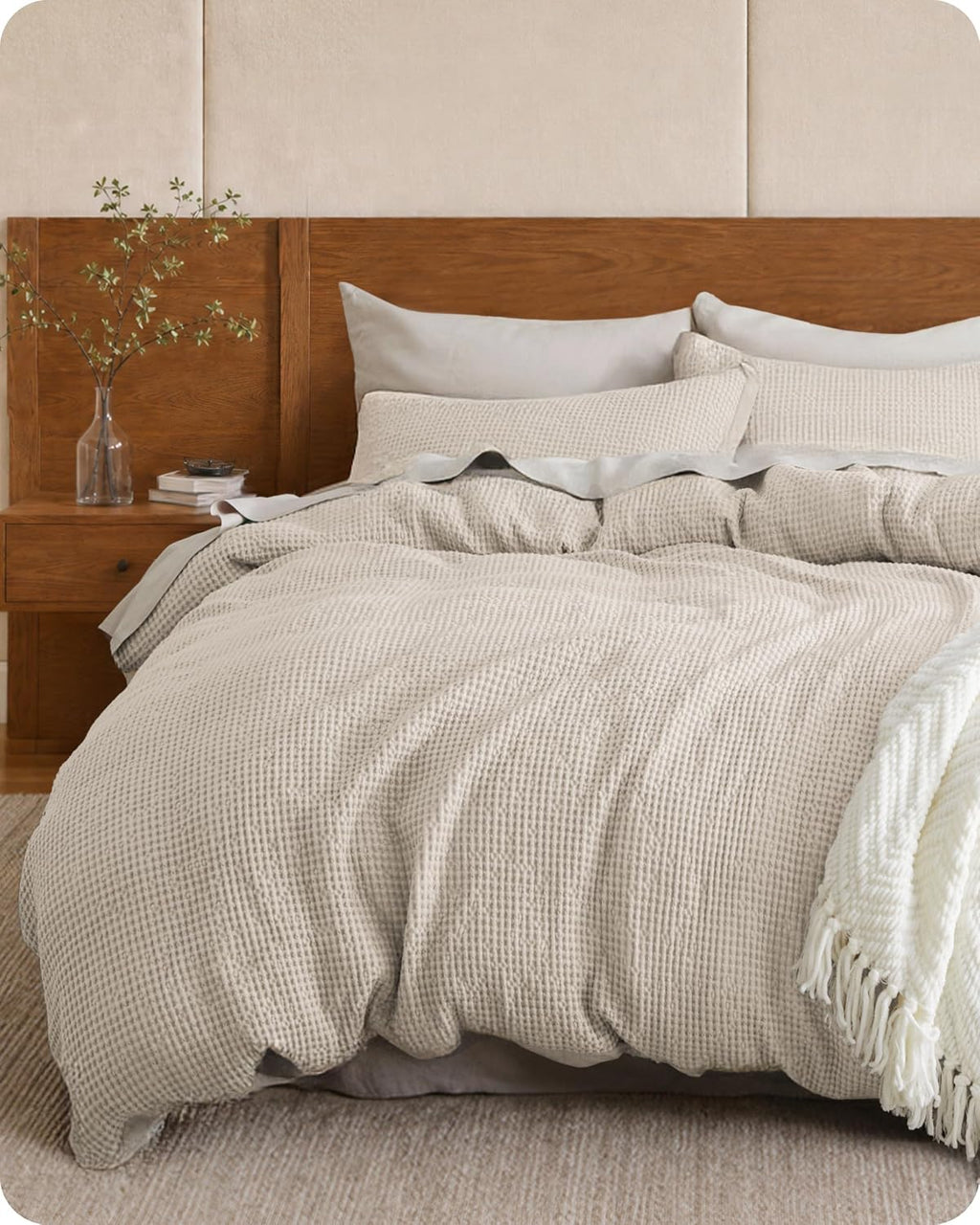 Funda nórdica Bedsure de algodón tamaño King - 100% algodón con tejido de gofre, color beige, juego de ropa de cama transpirable PureWoven para todas las estaciones, 3 piezas, 104"x90"