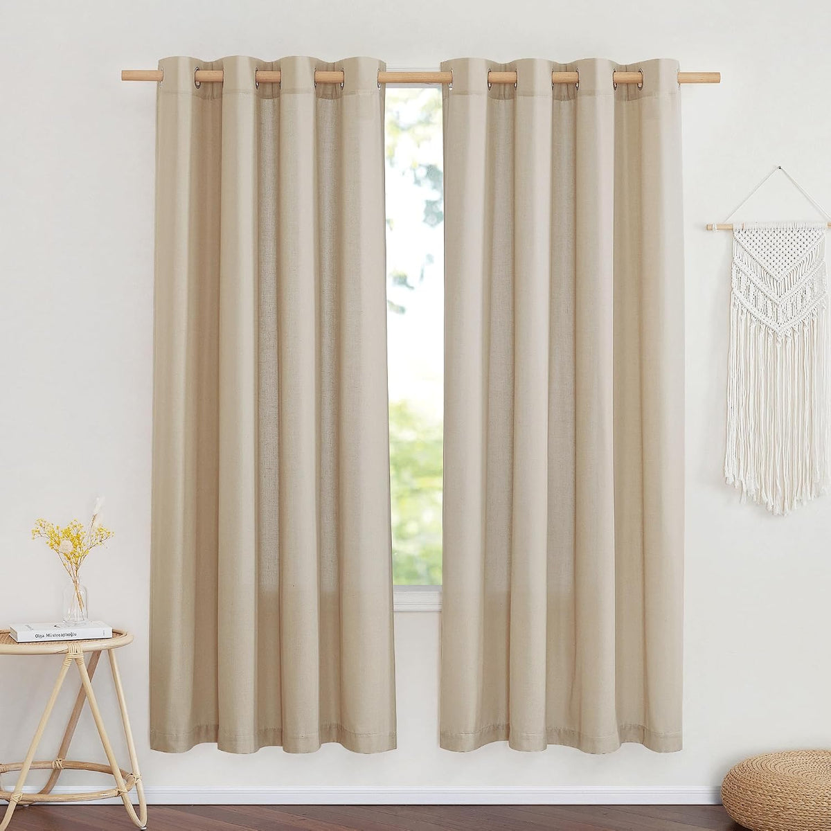 NICETOWN Cortinas de Lino con Poliester de 183 cm de Largo | 2 Paneles con Ojales | Filtran la Luz con Mezcla de Lino para Sala o Dormitorio | Color Angora | 140x183 cm