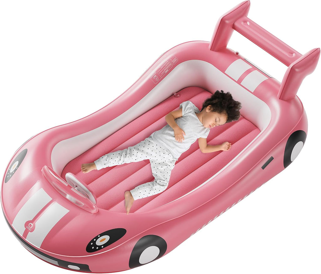 Cama de Viaje Inflable QPAU para Niños Pequeños | Con Bordes de Seguridad | Colchón de Aire para Camping, Viajes y Hotel | Incluye Bomba Manual | Rosa