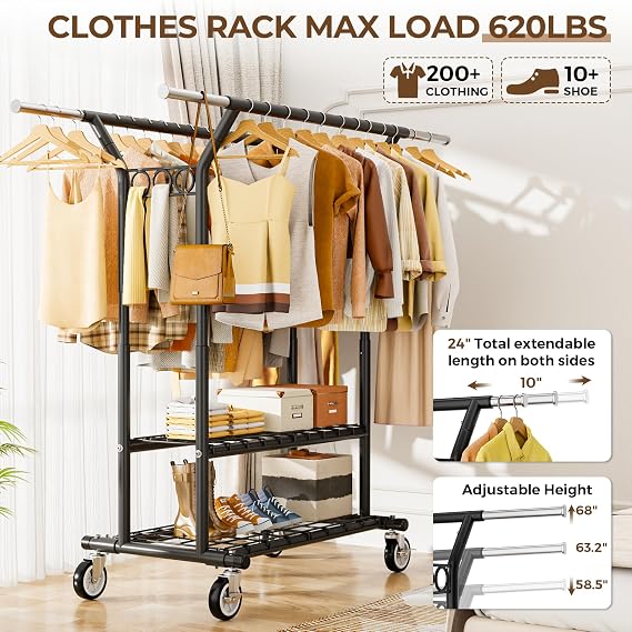 HYSEYY Perchero de ropa resistente, perchero con estantes de carga de 620 libras, perchero de doble barra para colgar ropa, perchero portátil y ajustable con ruedas, color negro