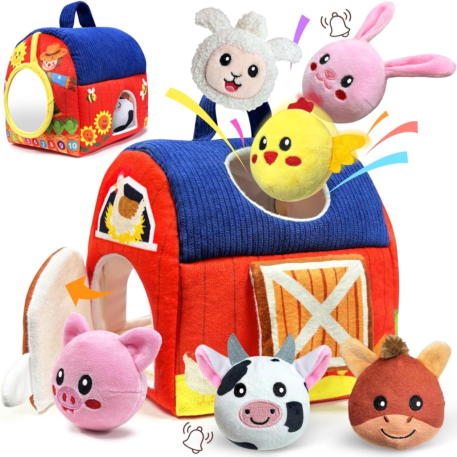 Baby Barn Toy with 6 Farm Animals - Montessori Sensory Toy for 6-12 Months - Plush Rattle, Crinkle, Squeak, Mirror - Fine Motor Skills Development - Safe Soft Gift for Baby Boy Girl 1 Year Old