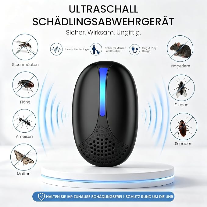 Juego de 6 repelentes ultrasónicos de plagas: repelente electrónico enchufable para ratones e insectos contra ratones, ratas, mosquitos, cucarachas y arañas. Para uso en interiores (negro).