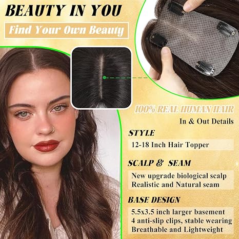 Topper de Cabello Humano Rootoo para Mujer 14" — Cubre Corona, Parte Central, Base Grande 360°, Café Oscuro