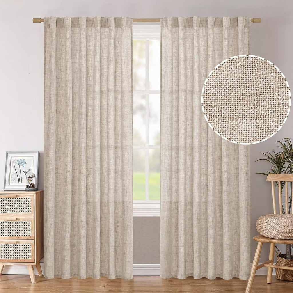 BGment Cortinas de Lino Natural 84 Pulgadas de Largo | Para Sala | Back Tab Texturizadas | Filtran la Luz con Privacidad | Bolsillo para Barra | Estilo Granja | 2 Paneles de 52 Pulgadas de Ancho
