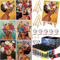 AmazingSpark Set de 6 piezas para pintar y disfrutar de una bebida para adultos. Lienzo prediseñado de 8" x 10" para pintar. Juego de pintura acrílica DIY. Paneles de lienzo. Caballete de madera. 24 colores. 60 ml (2 oz) (Art Lady)