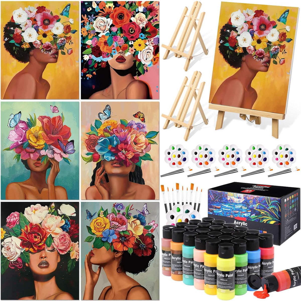 AmazingSpark Set de 6 piezas para pintar y disfrutar de una bebida para adultos. Lienzo prediseñado de 8" x 10" para pintar. Juego de pintura acrílica DIY. Paneles de lienzo. Caballete de madera. 24 colores. 60 ml (2 oz) (Art Lady)