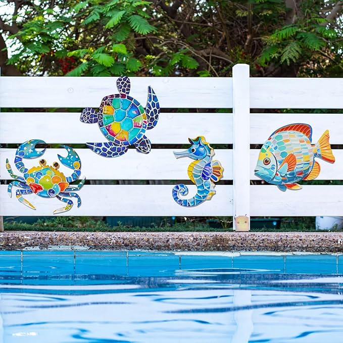 FaloStwer Arte de metal para decoración de pared de playa, colorido 3D, tortugas marinas, peces, cangrejo, caballito de mar, esculturas al aire libre, impresión UV, arte de pared con temática oceánica