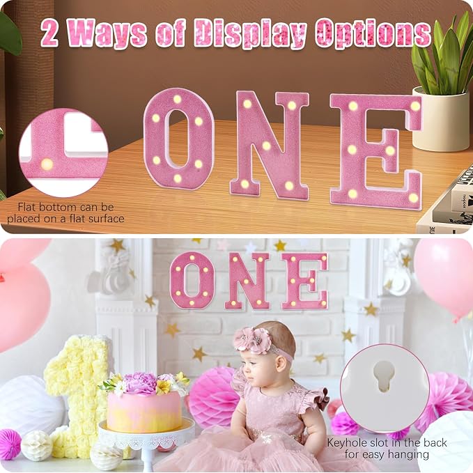 O N E Números iluminados, letra LED de primer cumpleaños, 3 unidades, luces de número uno para niñas, niños y bebés, suministros de decoración de fiesta de cumpleaños de 1 año, rosa