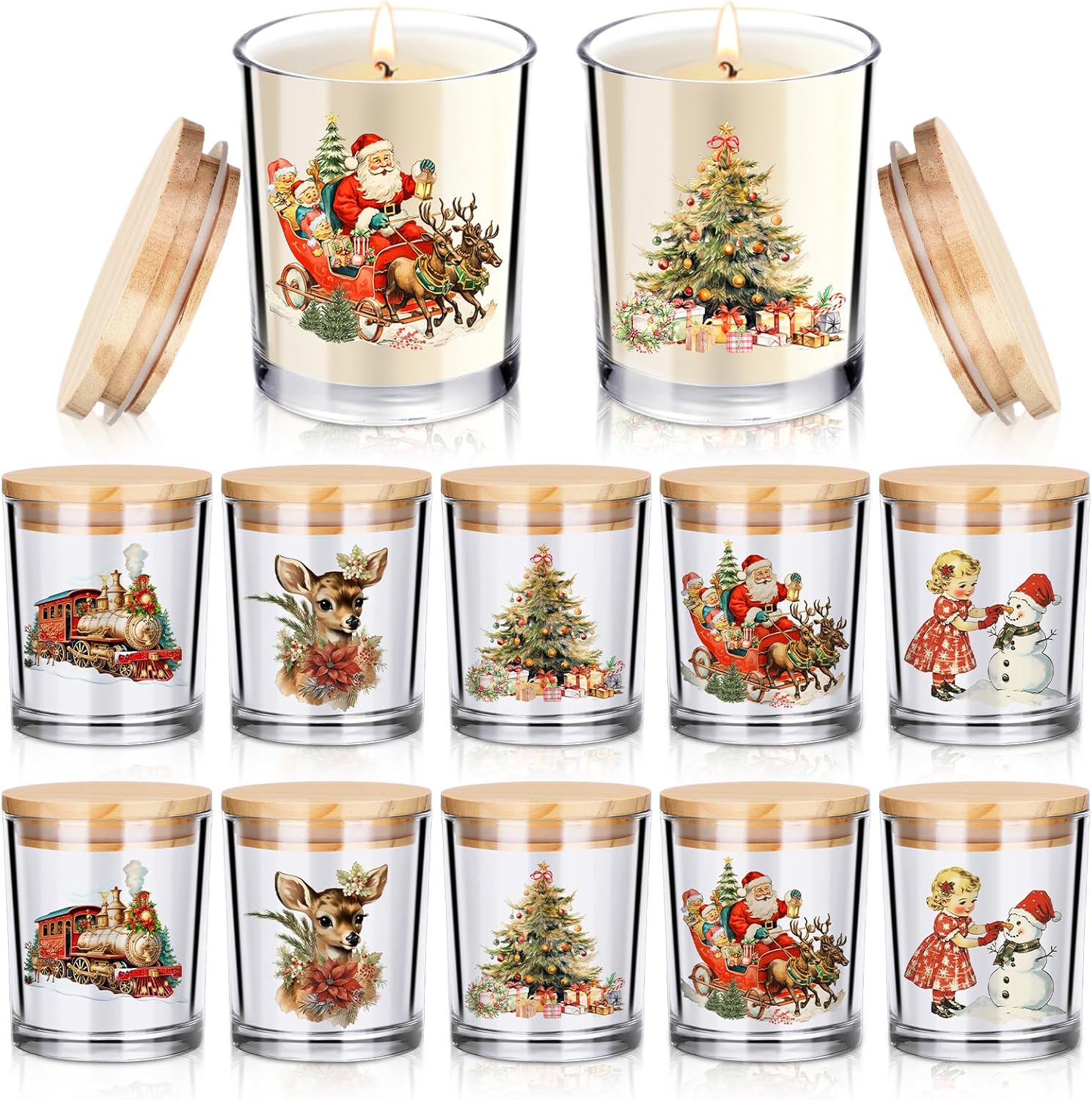 Ziliny 10 Pcs Vintage Christmas Glass Candle Jars Empty Containers Bulk 7 oz Glass Jars with Cork Lids Tins for Christmas Holiday Candle Making Storing Biscuits Tea Party Favors