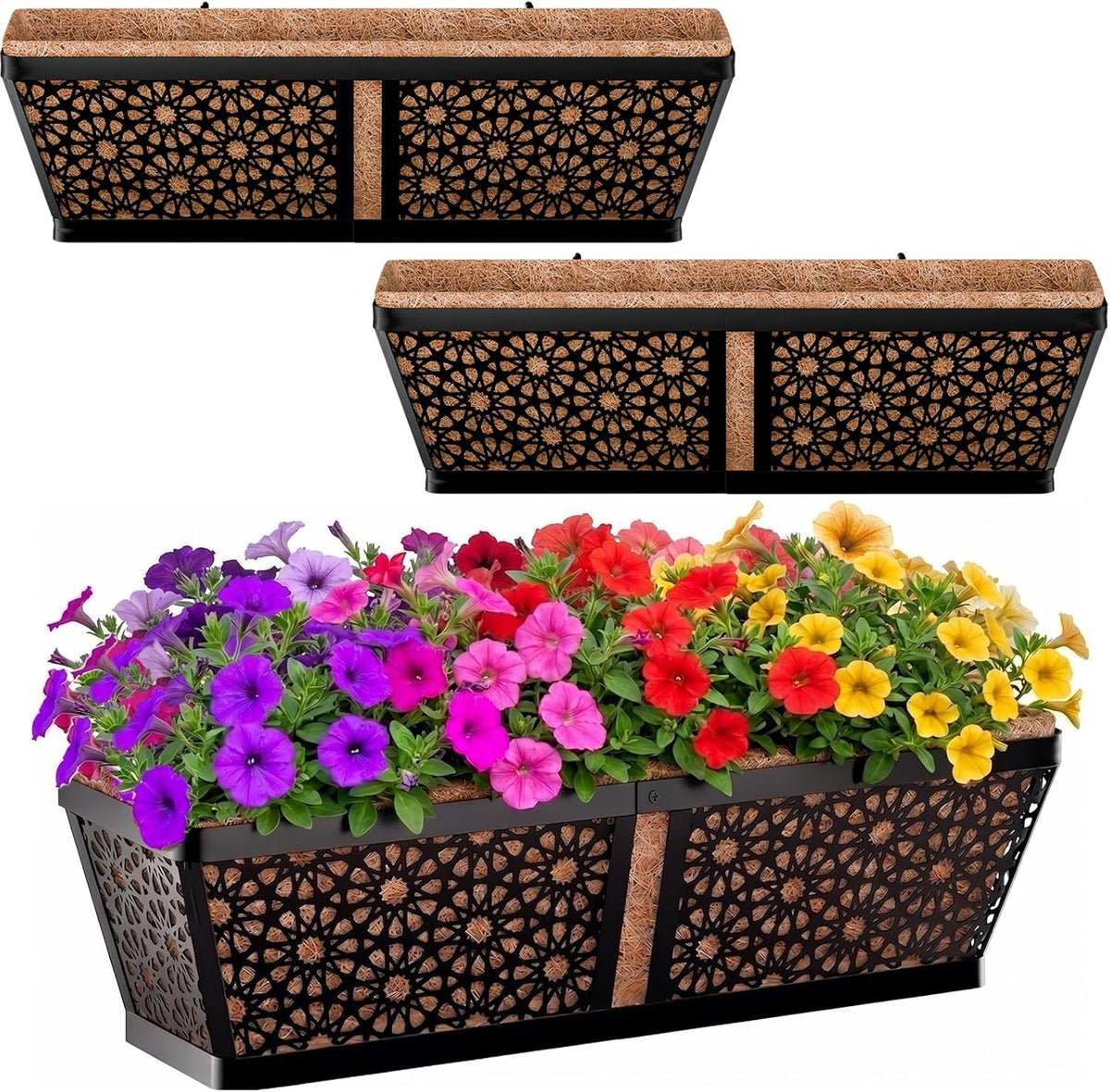 ZeeDix Paquete de 3 jardineras metálicas para barandillas, jardineras de 60 cm (24 pulgadas) para colgar sobre barandillas con revestimiento de fibra de coco, jardineras colgantes para vallas, terrazas, porches, balcones y patios exteriores.