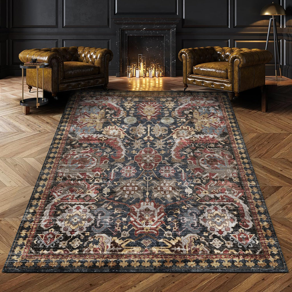 RUGSURE Alfombra Lavable | Perfecta para Sala, Dormitorio y Cuarto Infantil | Antimanchas, Resistente al Agua y Antideslizante | Tribal Vintage (Óxido, 122x183 cm)